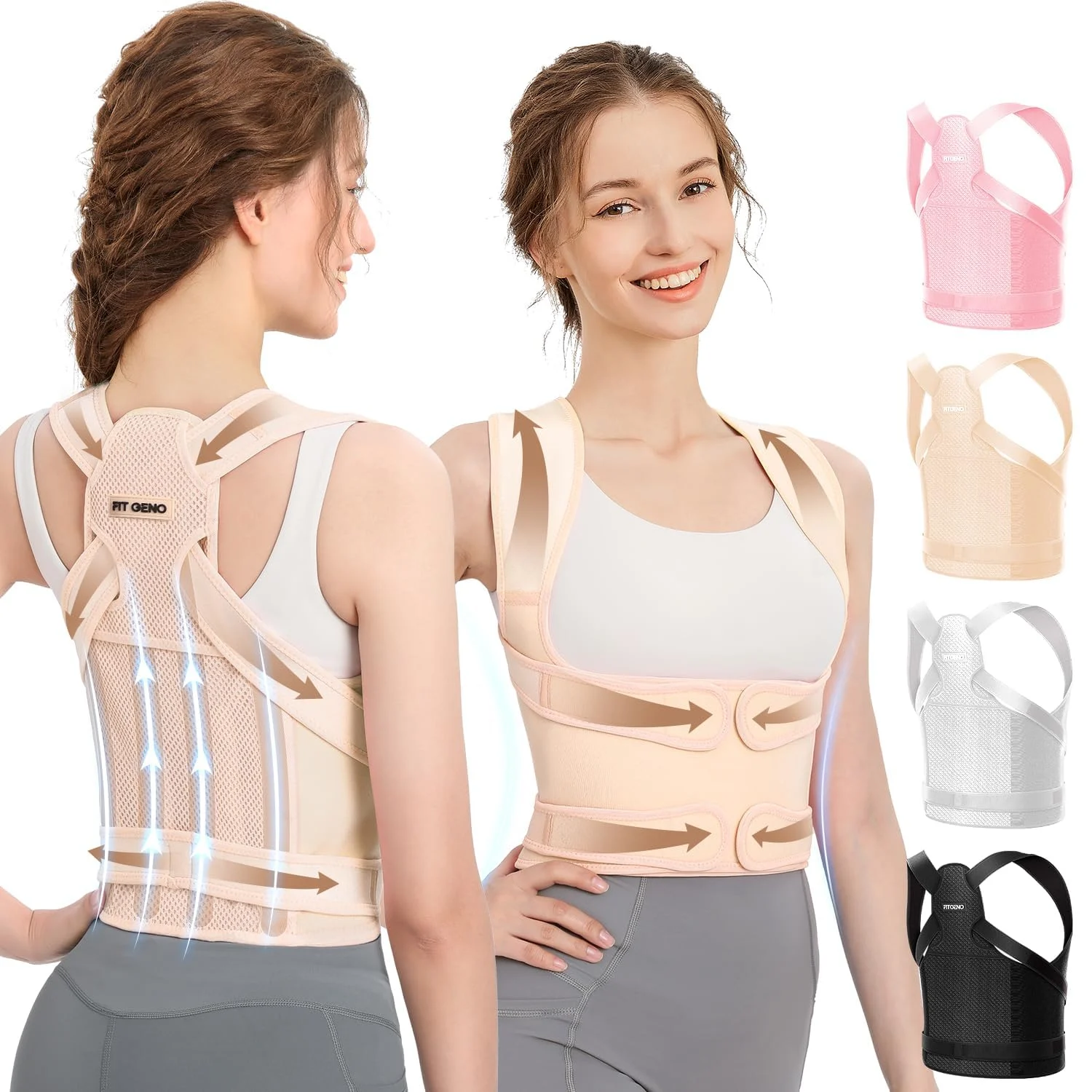 Fit Geno Back Brace Posture Corrector for Women and Men, Shoulder Straightener, Adjustable Full Back Support, Upper and Lower Back Pain Relief - Scoliosis, Hunchback, Thoracic, Spi
