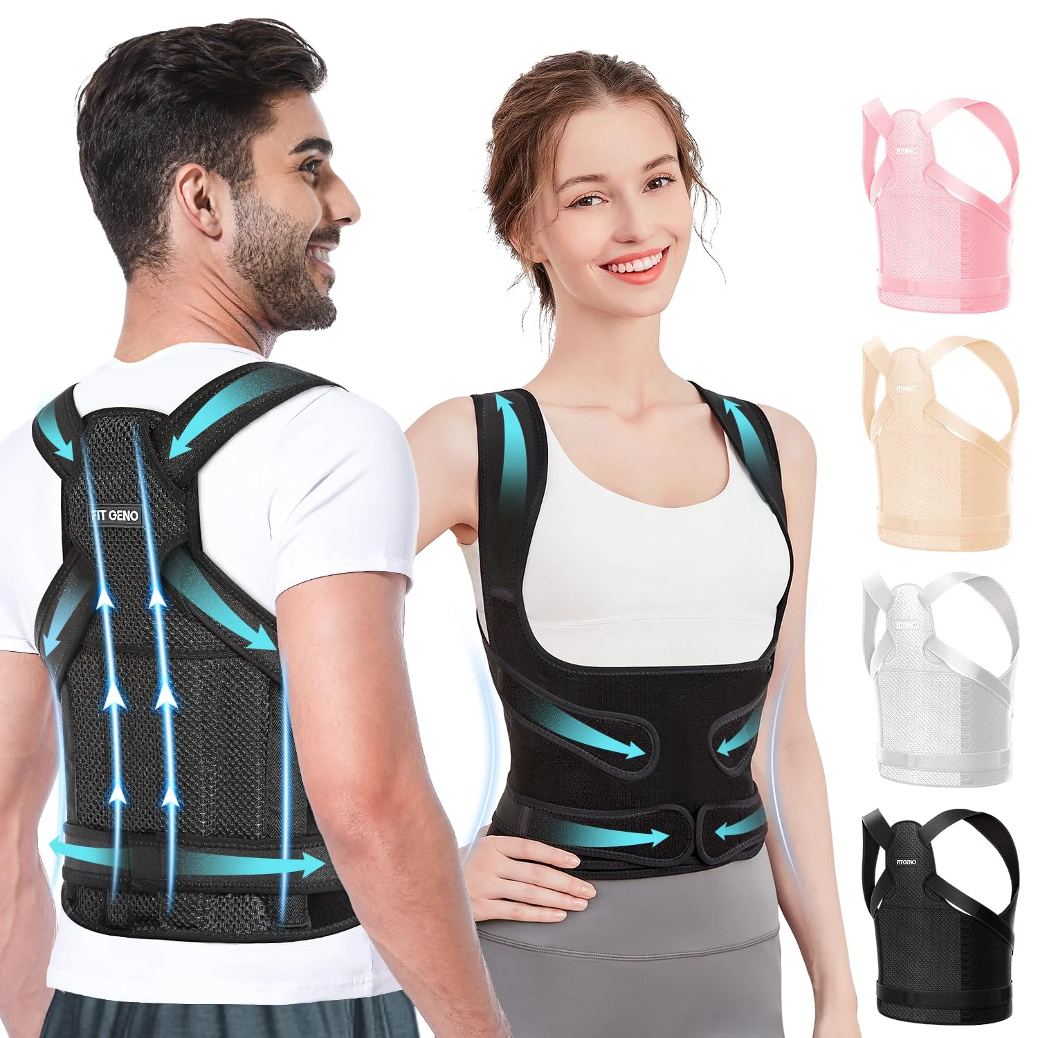 Fit Geno Back Brace Posture Corrector for Women and Men, Shoulder Straightener, Adjustable Full Back Support, Upper and Lower Back Pain Relief - Scoliosis, Hunchback, Hump, Thoraci
